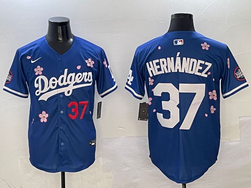Men Los Angeles Dodgers #37 Hernandez Blue Sakura Edition 2025 Nike MLB Jersey style 3
